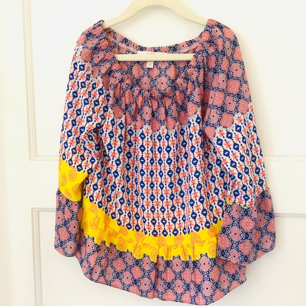 Moa Moa Girls Top Size M Peasant Blouse Elastic Neck Bell Sleeves Made In USA